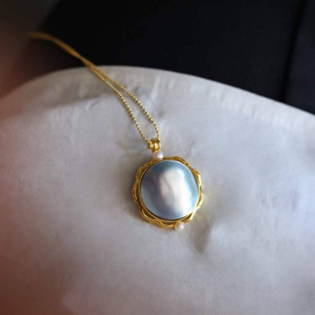 Round Blue Mabe Pendant Necklace in Gold Vermeil