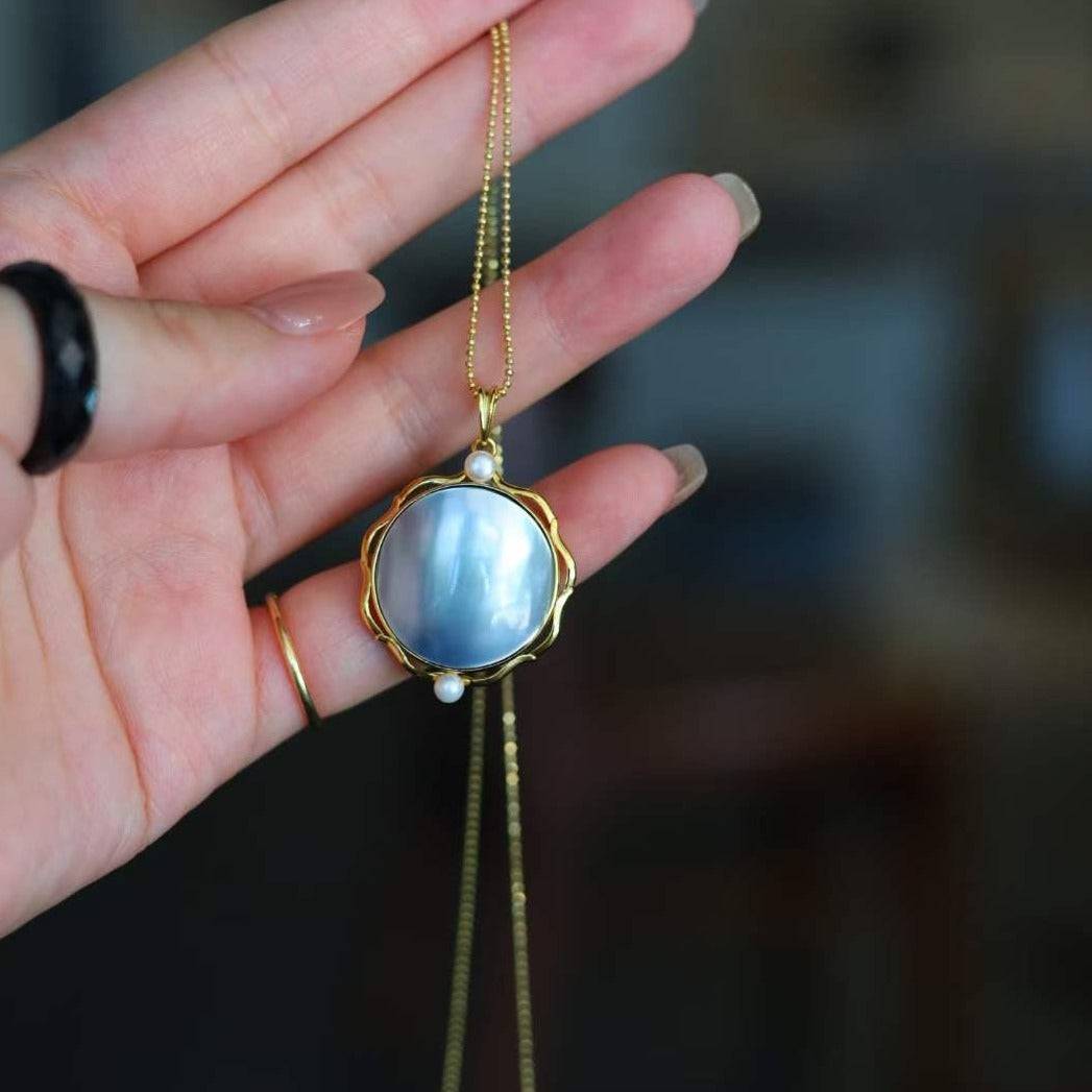 Round Blue Mabe Pendant Necklace in Gold Vermeil