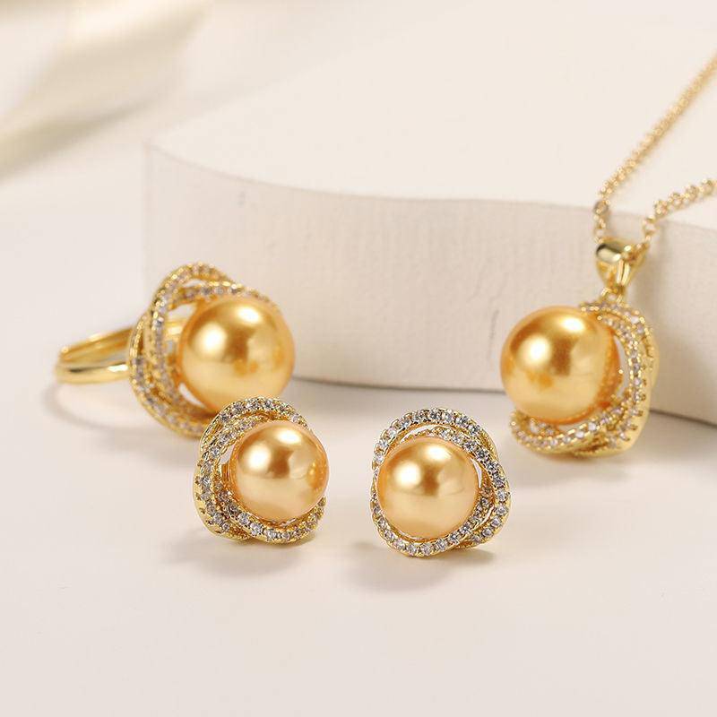 Gold South Sea Pearl and CZ Rose Pendant Necklace