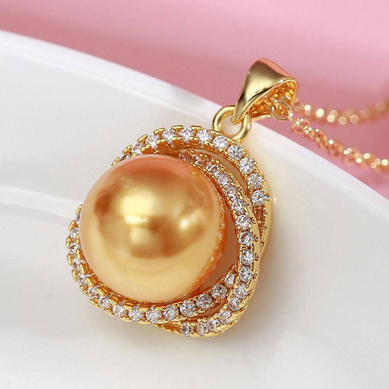 Gold South Sea Pearl and CZ Rose Pendant Necklace