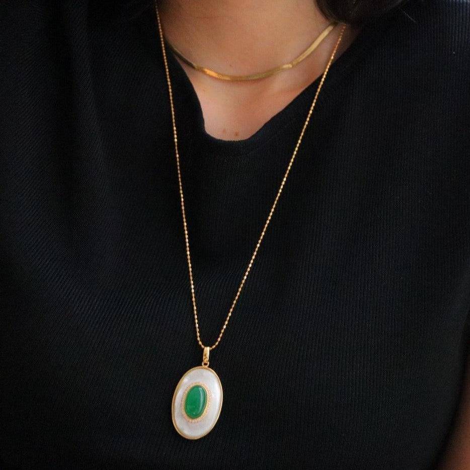 Green Onyx and Mother of Pearl Pendant Necklace