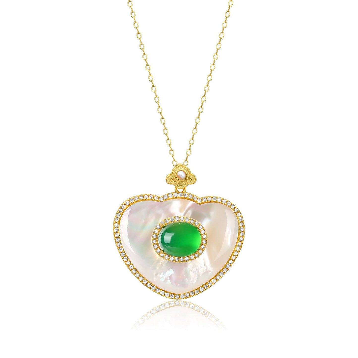 Green Onyx and Mother of Pearls Pendant Necklace in Gold Vermeil