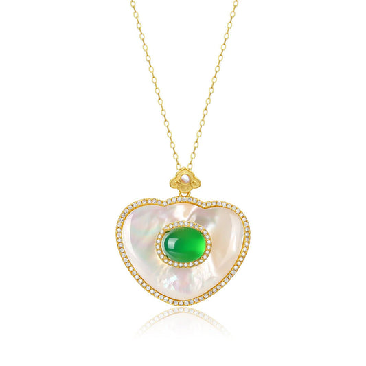 Green Onyx and Mother of Pearls Pendant Necklace in Gold Vermeil