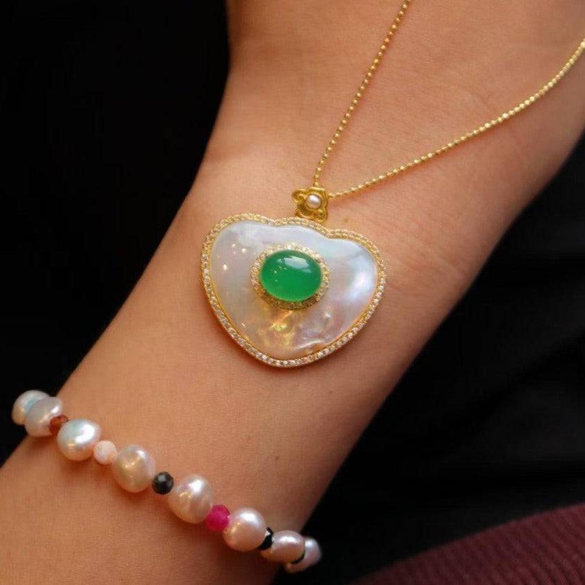 Green Onyx and Mother of Pearls Pendant Necklace in Gold Vermeil