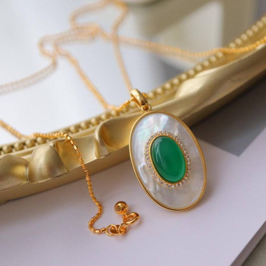 Green Onyx and Mother of Pearl Pendant Necklace