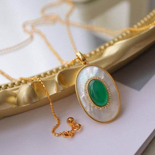 Green Onyx and Mother of Pearl Pendant Necklace