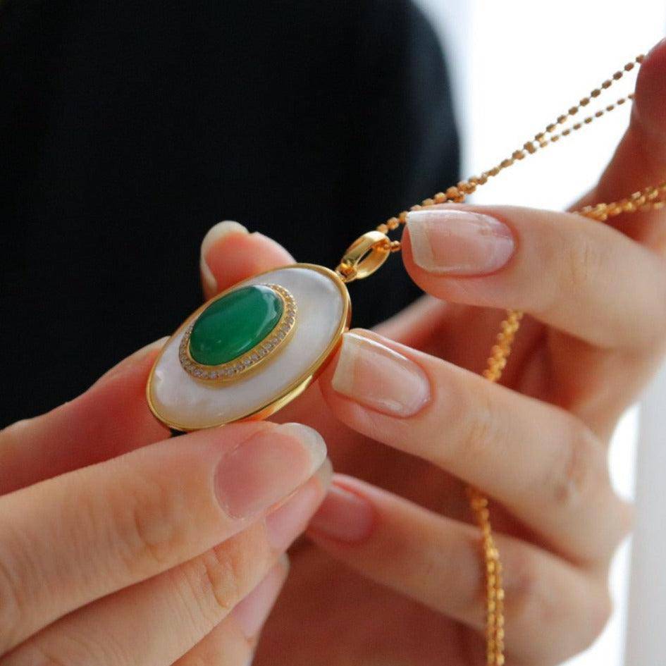 Green Onyx and Mother of Pearl Pendant Necklace