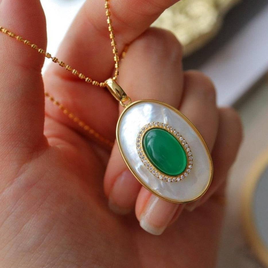 Green Onyx and Mother of Pearl Pendant Necklace