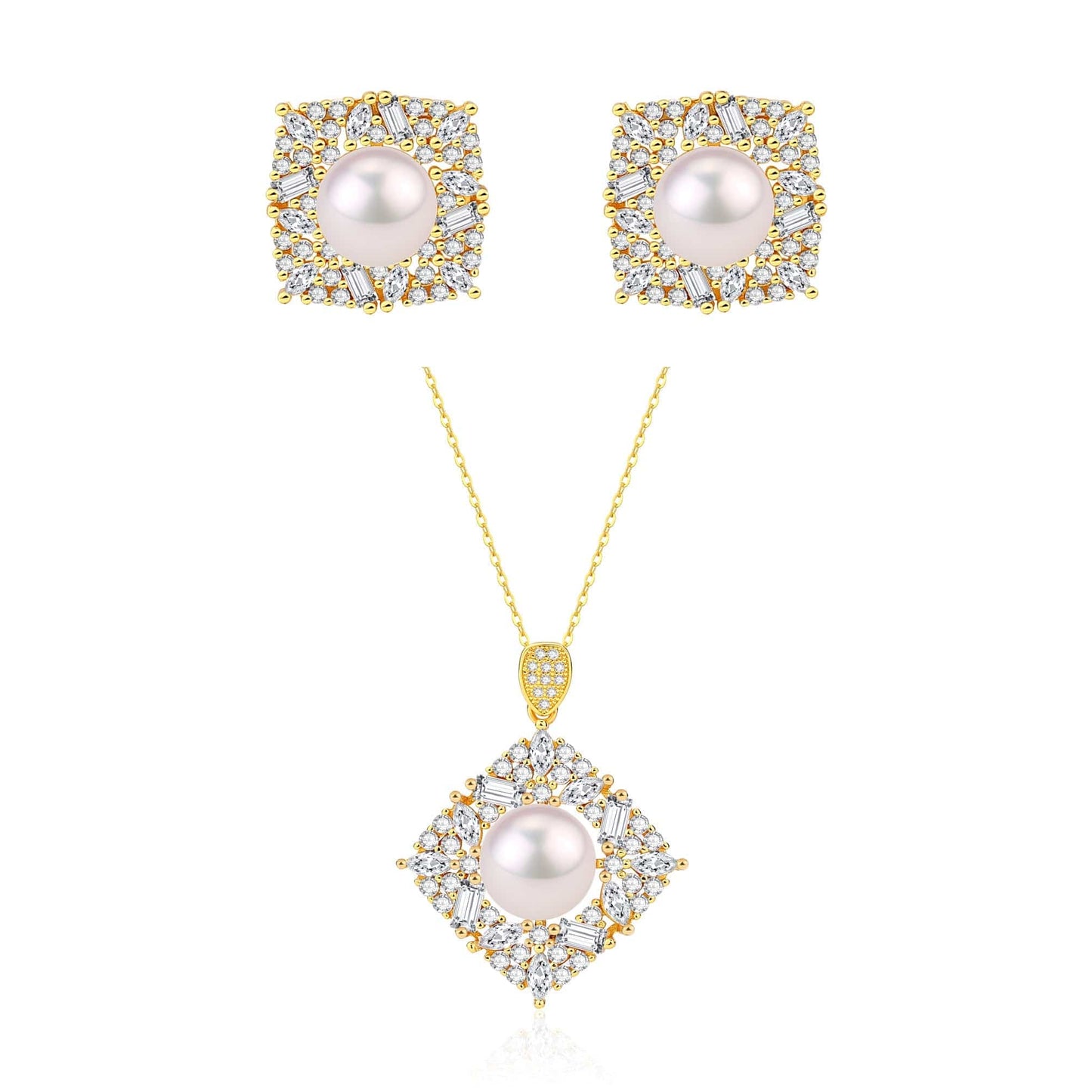 Square CZ Pendant Necklace with Freshwater Pearls in Gold Vermeil