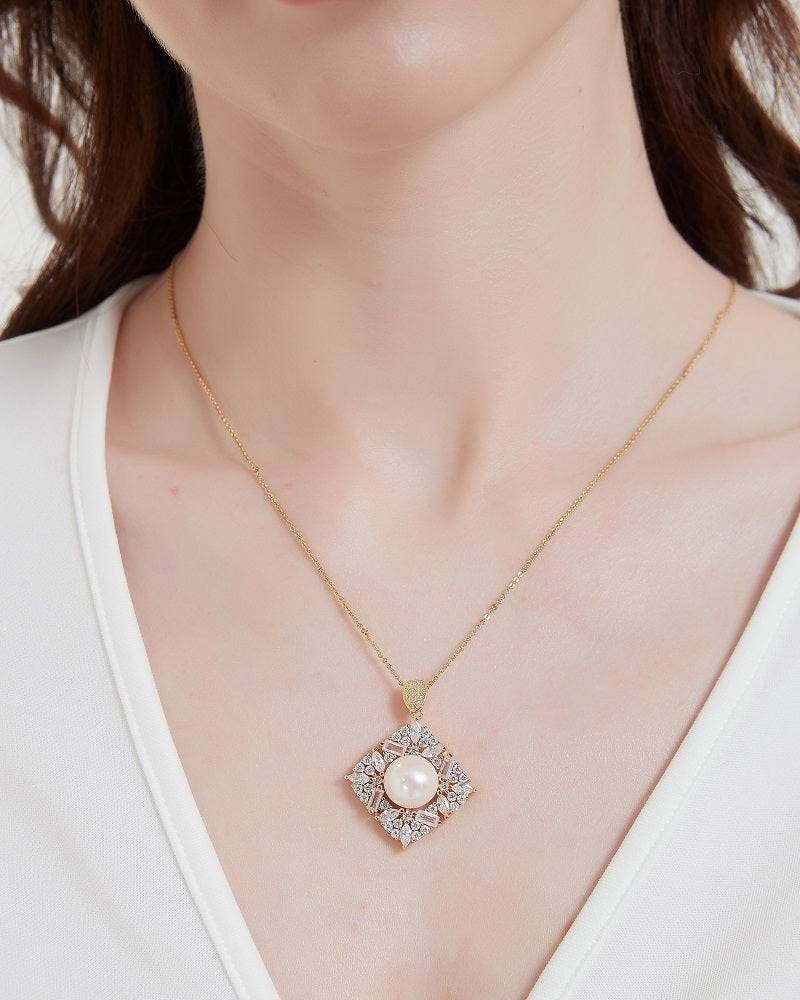 Square CZ Pendant Necklace with Freshwater Pearls in Gold Vermeil