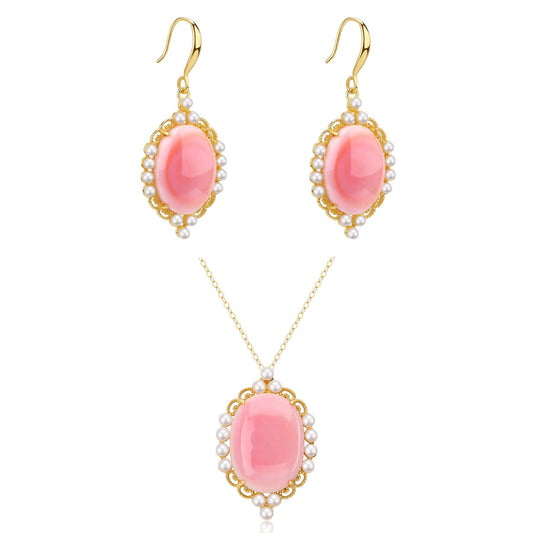 Oval Pink Conch Shell Pearl Earrings and Necklace Set