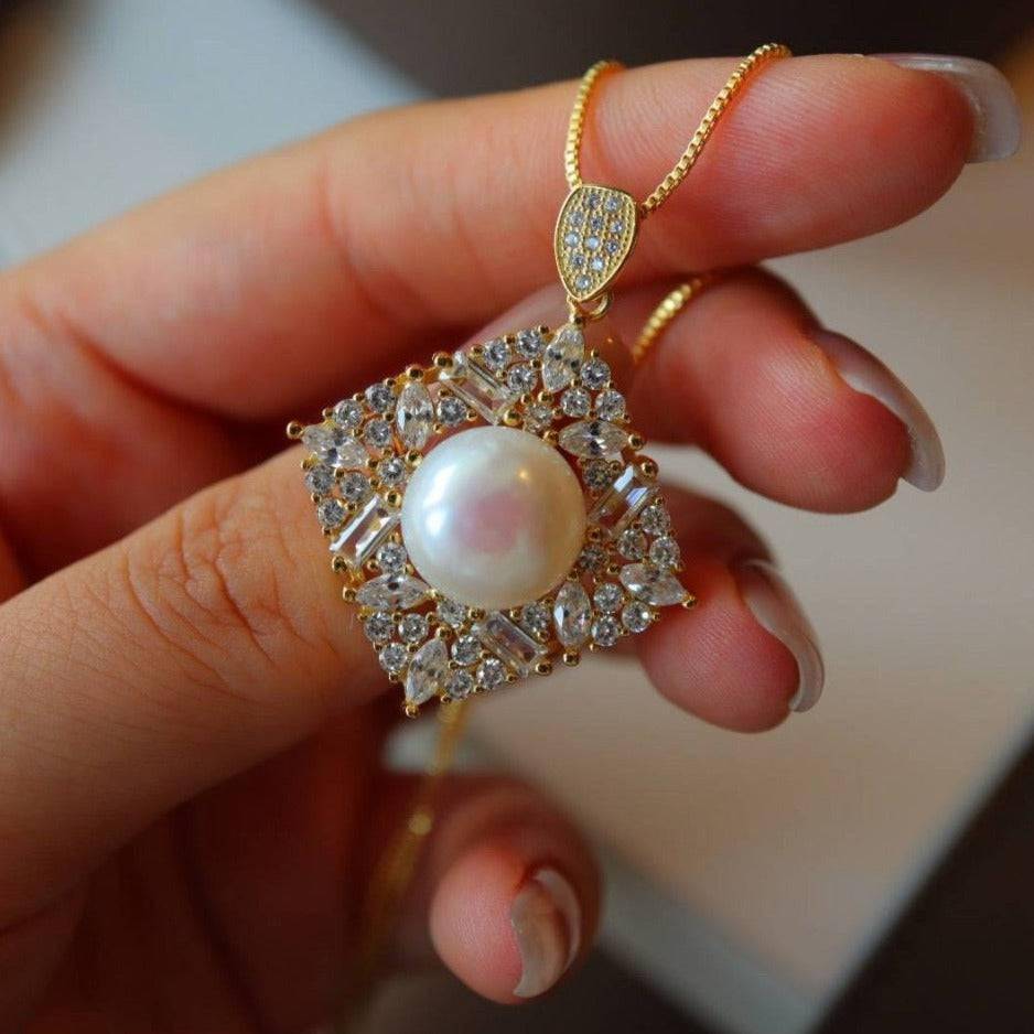 Square CZ Pendant Necklace with Freshwater Pearls in Gold Vermeil