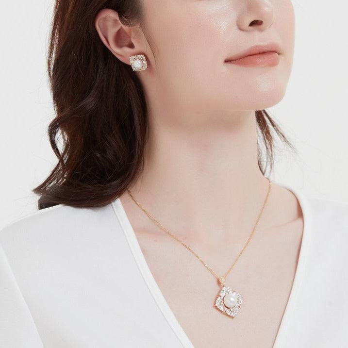 Square CZ Pendant Necklace with Freshwater Pearls in Gold Vermeil