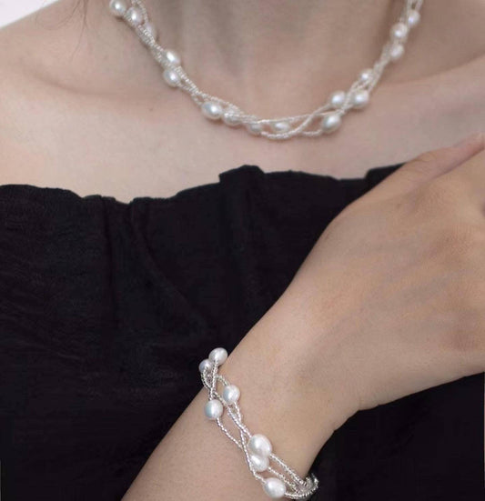 Triple Layered Baroque Pearl Necklace and Bracelet