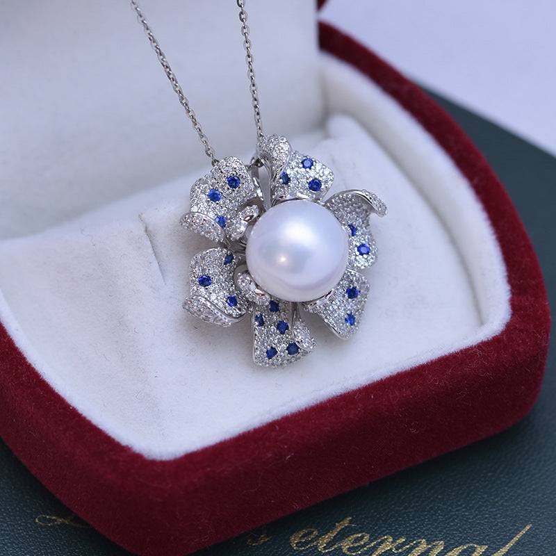 Freshwater Pearl and Blue Gem Necklace with CZ