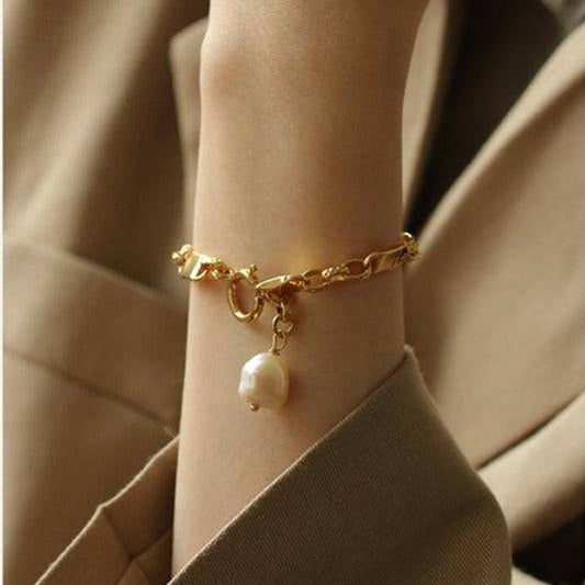 Elegant Baroque Pearl Chain Bracelet in Silver