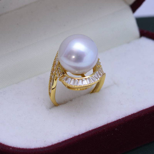 Large Freshwater Pearl and CZ Rose Ring