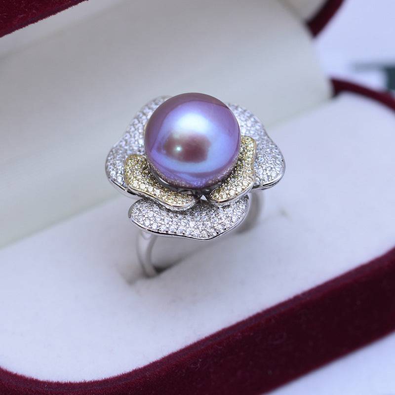 Large Rose CZ Ring with Freshwater Pearls