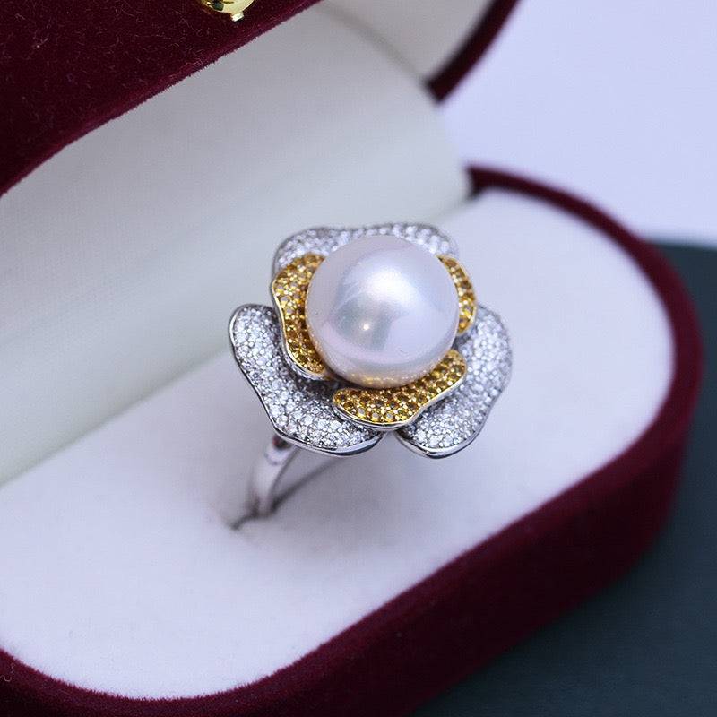 Large Rose CZ Ring with Freshwater Pearls