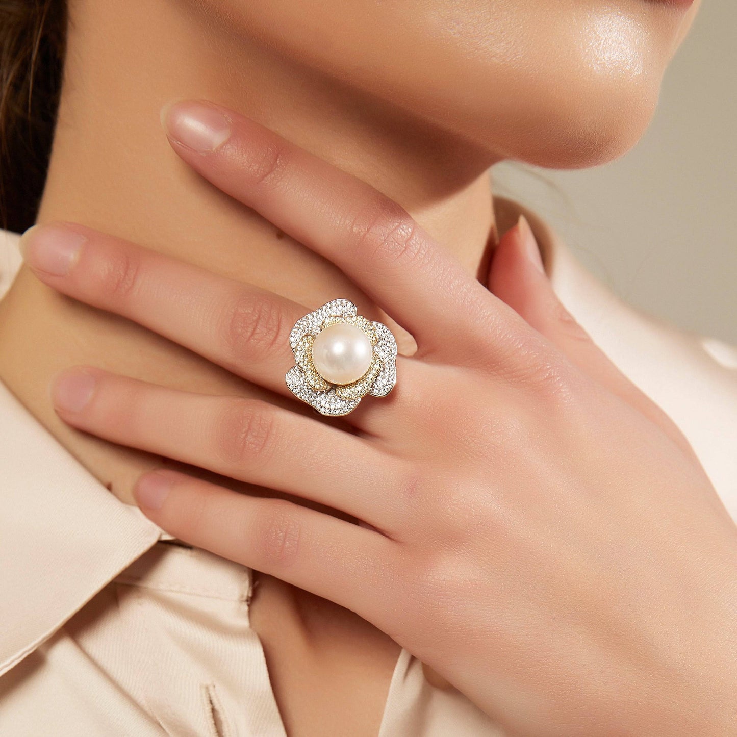 Large Rose CZ Ring with Freshwater Pearls