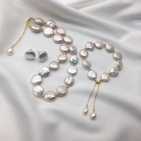 Coin Pearl Necklace Bracelet and Earrings Set