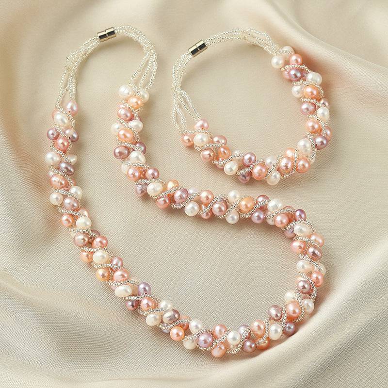 Twisted Braided Freshwater Pearls Necklace and Bracelet