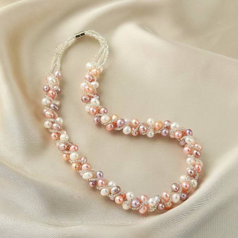 Twisted Braided Freshwater Pearls Necklace and Bracelet