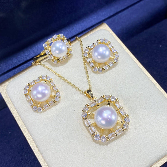 Square Zirconia and Freshwater Pearl Jewelry Set