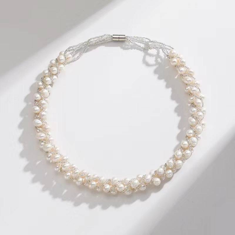 White Freshwater Pearls Braided Necklace and Bracelet Set