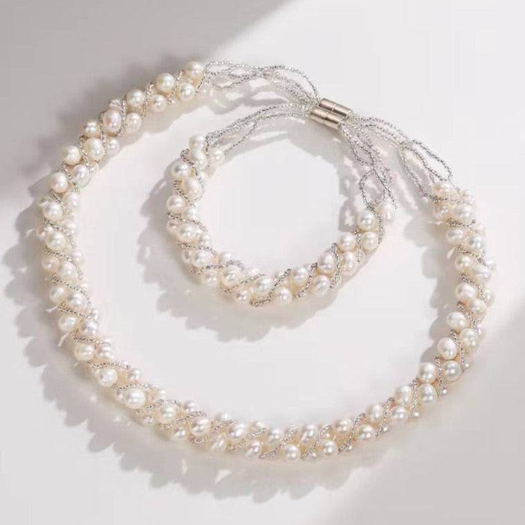 White Freshwater Pearls Braided Necklace and Bracelet Set