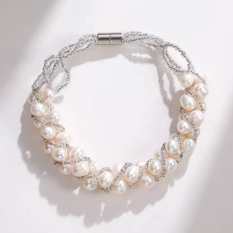 White Freshwater Pearls Braided Necklace and Bracelet Set