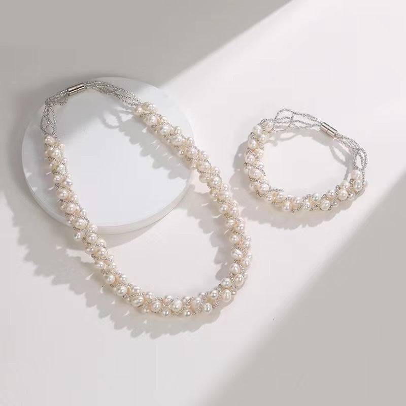 White Freshwater Pearls Braided Necklace and Bracelet Set