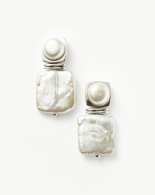 Square Pearl Statement Stud Earrings in Silver Plated