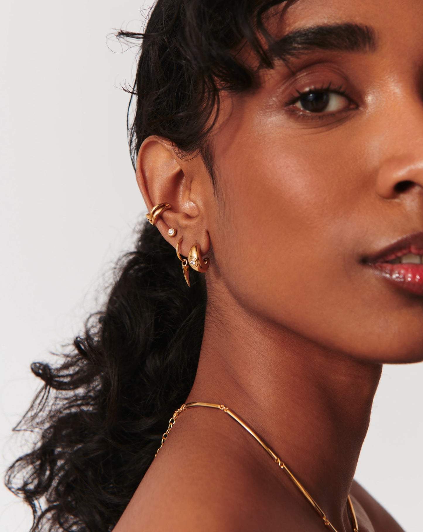 Mini Hoop Earrings with Stone Dome in Gold Plating